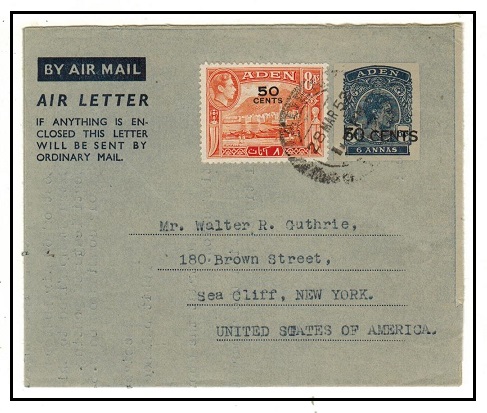 ADEN - 1951 50c on 6a air letter to USA uprated at ADEN.  H&G 3.