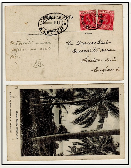 FIJI - 1911 2d rate postcard to UK struck by 