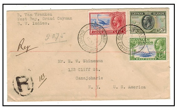 CAYMAN ISLANDS - 1937 4 1/2d rate registered cover to USA used at WEST BAY.