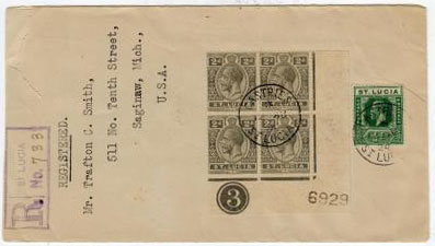 ST.LUCIA - 1924 registered cover to USA with 2d PLATE 3 block of four.