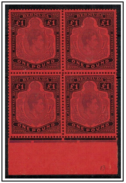 BERMUDA - 1951 1 violet and black on scarlet (perf 13) U/M block of four.  SG 121d.