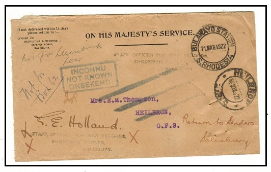 RHODESIA - 1922 OHMS cover use from BULAWAYO STATION struck INCONNU.