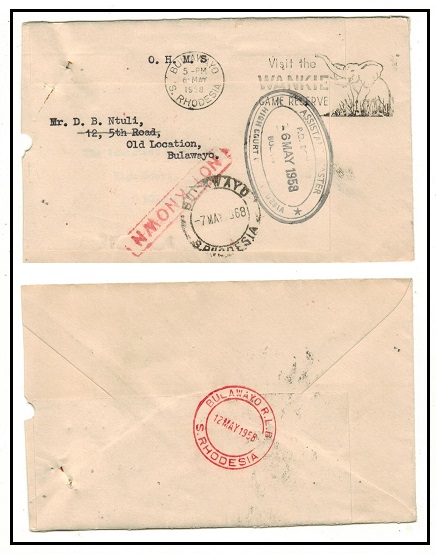 SOUTHERN RHODESIA - 1958 OHMS use of cover struck UNKNOWN and with BULAWAYO R.L.O. b/s in red.