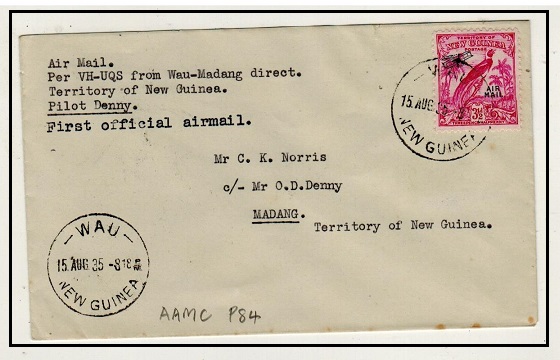 NEW GUINEA - 1935 Wau to Madang first flight cover.