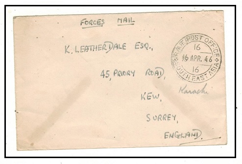 INDIA - 1946 forces mail cover to UK cancelled RAF POST OFFICE/16/SOUTH EAST ASIA.