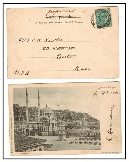 BRITISH LEVANT - 1903 GB 1/2d rate postcard use to USA used at BPO/CONSTANTINOPLE.