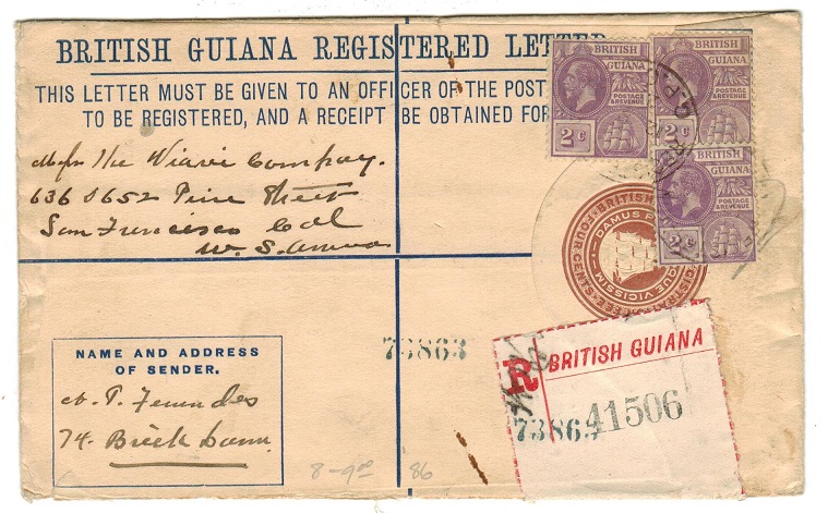 BRITISH GUIANA - 1922 4c brown uprated RPSE to USA cancelled REGISTRATION/GPO.BG. H&G 8.