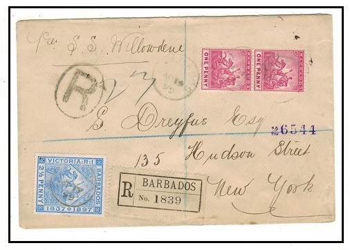 BARBADOS - 1899 4 1/2d rate registered cover to USA.