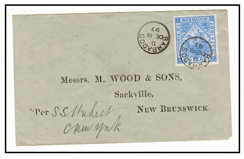 BARBADOS - 1897 2 1/2d rate cover to New Brunswick.