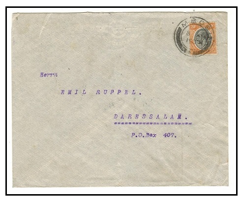 TANGANYIKA - 1933 25c rate local cover used at MBOSI.