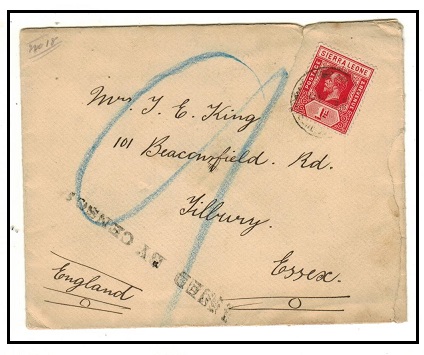 SIERRA LEONE - 1917 1d rate PASSED BY CENSOR cover with weak POST OFFICE/GOVERNMENT RAILWAYS cds.