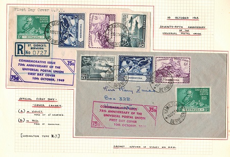 BERMUDA - 1949 UPU first day covers with red and violet cachets.