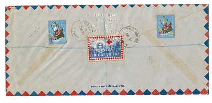 BRITISH GUIANA - 1946 registered cover to UK with GREETINGS and RED CROSS labels.