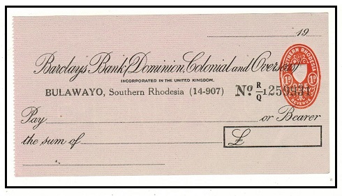 SOUTHERN RHODESIA - 1950 (circa) 1d embossed REVENUE tax strike on Barclays unused cheque.