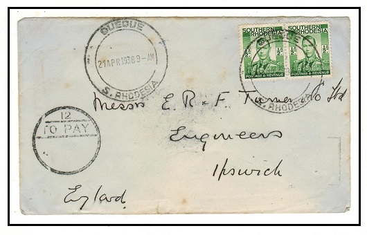 SOUTHERN RHODESIA - 1938 1d rate underpaid cover to UK used at QUEQUE with 