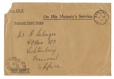 GAMBIA - 1937 OHMS-RETURNED POSTAL LETTER cover with OFFICIAL PAID h/s.