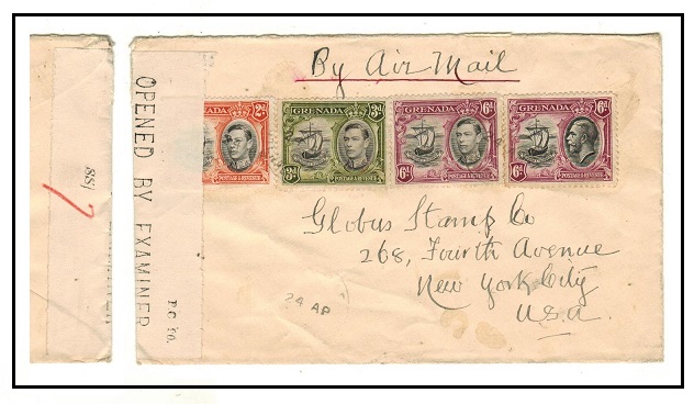 GRENADA - 1942 1/5d rate censored cover to USA.