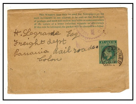 ST.LUCIA - 1905 1/2d green postal stationery wrapper to Panama used at CASTRIES.  H&G 3.