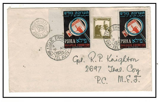 PALESTINE - 1945 20c rate cover with two PHILATELIC EXHIBITION/TEL AVIV labels applied.
