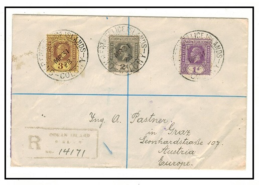 GILBERT AND ELLICE IS - 1928 6d rate registered cover to Austria used at OCEAN ISLAND.