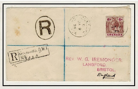 GRENADA - 1924 6d rate registered cover to UK used at CONCORD.