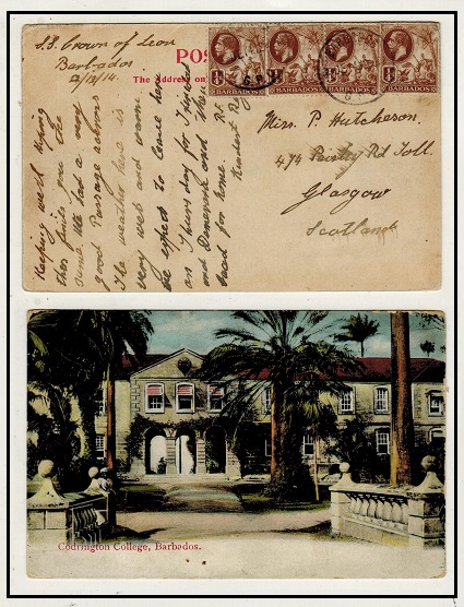 BARBADOS - 1912 1/4d (x4) on postcard to UK used at BARBADOS/GPO.