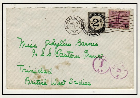 TRINIDAD AND TOBAGO - 1933 incoming underpaid cover from USA with 2d black postage due applied.