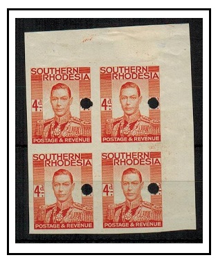 SOUTHERN RHODESIA - 1937 4d orange IMPERFORATE PLATE PROOF block of four.  SG 43.