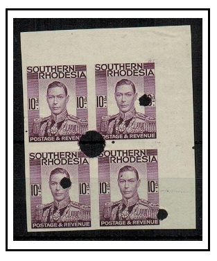 SOUTHERN RHODESIA - 1937 10d purple IMPERFORATE PLATE PROOF block of four.  SG 47.