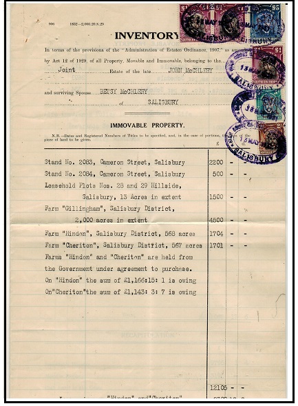 SOUTHERN RHODESIA - 1931 8.7s.0d rated INVENTORY document. 