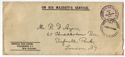 NEW ZEALAND - 1937 use of OHMS cover to UK with MAIL 75/TELEGRAPH DEPARTMENT label on reverse.