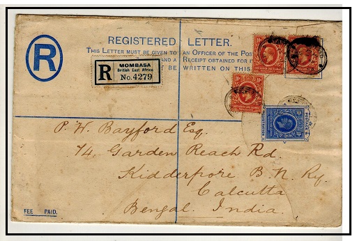 K.U.T. - 1915 18c blue RPSE (size H) uprated to India used at MOMBASA.  H&G 3a.