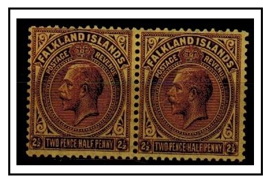 FALKLAND ISLANDS - 1923 2 1/2d deep purple on pale yellow mint pair with SWAN NECKED 2 variety. SG 7