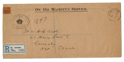 ST.HELENA - 1929 stampless registered OHMS cover to Canada.
