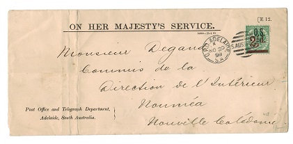 SOUTH AUSTRALIA - 1891 OHMS cover to New Caledonia with 2 1/2d on 4d 