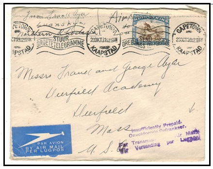 SOUTH AFRICA - 1939 INSUFFICIENTLY PREPAID/FOR/TRANSMISSION BY AIR MAIL cover to USA.