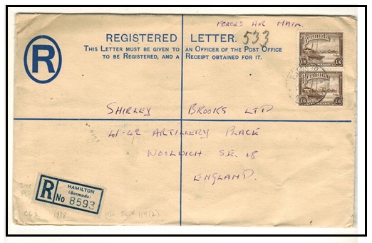 BERMUDA - 1938 3d blue RPSE (size H) uprated to UK with 1/6d pair at HAMILTON.  H&G 6a.