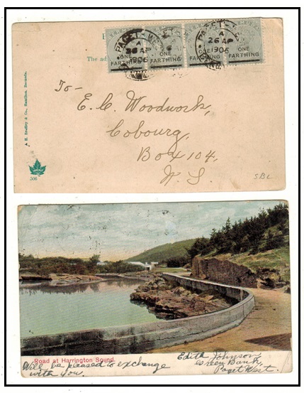 BERMUDA - 1906 1/4d on 1/6d dull grey (x4) on postcard to Nova Scotia used at PAGET WEST.