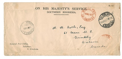 SOUTHERN RHODESIA - 1927 OFFICIAL FREE and POSTAL SERVICE FREE strikes on OHMS cover to Canada.