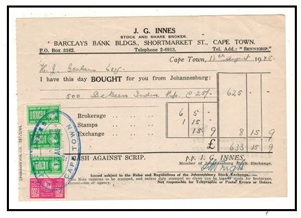 SOUTH AFRICA - 1945 use of receipt showing 5/- and 10/- (x3) REVENUE use.