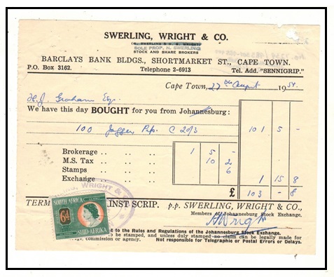 SOUTH AFRICA - 1954 use of receipt showing QEII 6d REVENUE use.