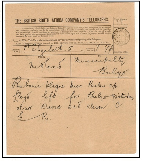 RHODESIA - 1901 use of TELEGRAM form used at TELEGRAPHS OFFICE/BULAWAYO.