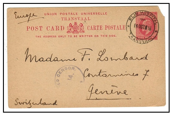 TRANSVAAL - 1902 1d carmine PSC censored to Switzerland used at ELIM HOSPITAL.  H&G 12.