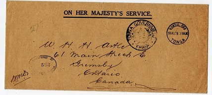 TONGA - 1928 registered OHMS cover to Canada with TONGA GOVERNMENT FRANK h/s.