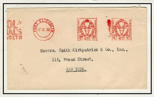 SOUTH AFRICA - 1930 1d + 2d meter mark cover from PORT ELIZABETH to USA.
