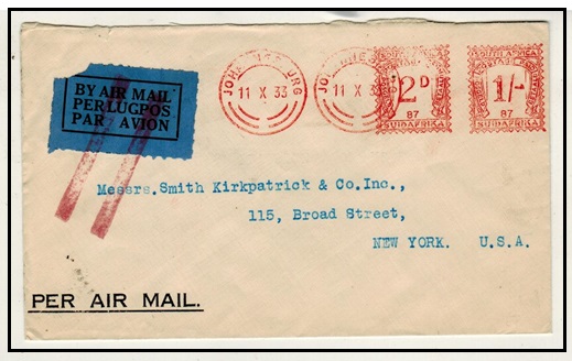 SOUTH AFRICA - 1933 2d + 1/- meter mark cover used at JOHANNESBURG to USA.