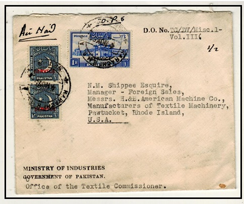 PAKISTAN - 1952 official cover to USA with 1a (x2) and 1r SERVICE adhesives used at KARACHI.