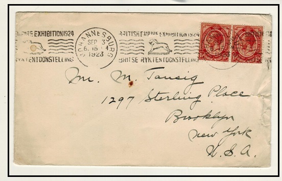SOUTH AFRICA - 1923 3d rated cover to USA struck BRITISH EMPIRE EXHIBITION/JOHANNESBURG.