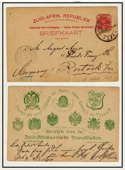 TRANSVAAL - 1896 1d carmine PSC to Germany with PRIVATE PRINTED reverse of shields.