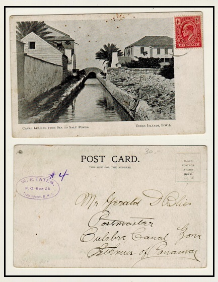 TURKS AND CAICOS ISLANDS - 1912 1d rated use of postcard to Panama used at TURKS ISLANDS.
